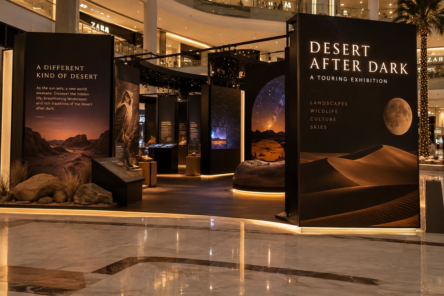 Concept visual of the Desert After Dark touring exhibition installed in a shopping mall, with dark graphic panels, desert imagery and moonlit skies