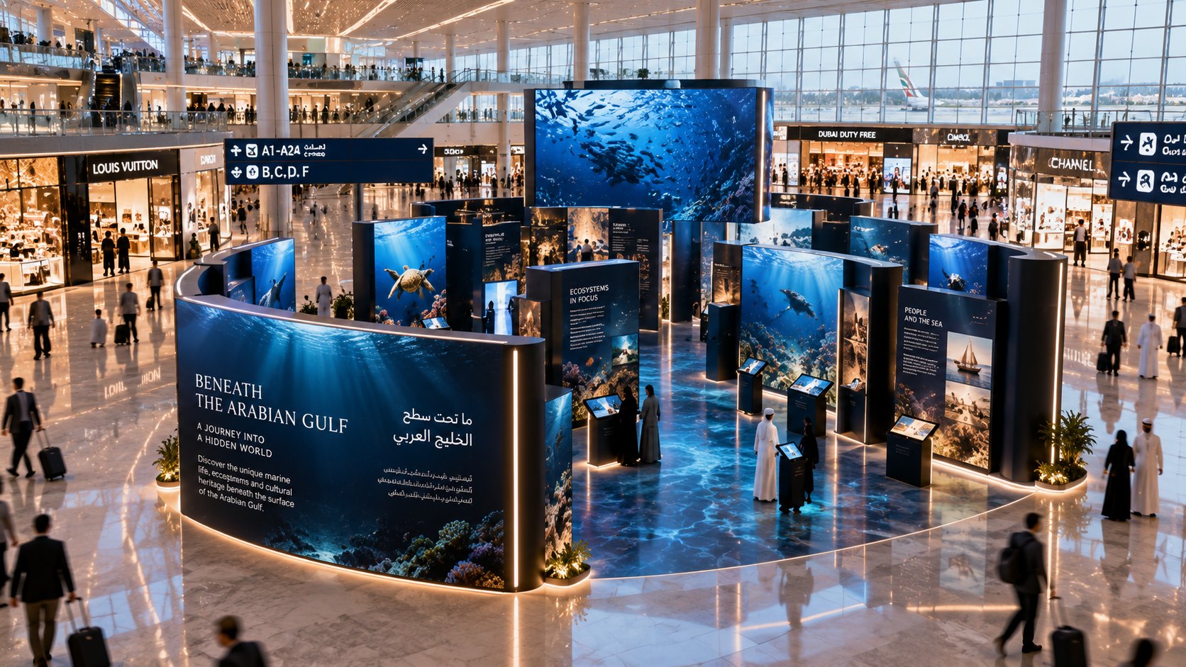 Beneath the Arabian Gulf touring exhibition installed in a busy GCC airport terminal