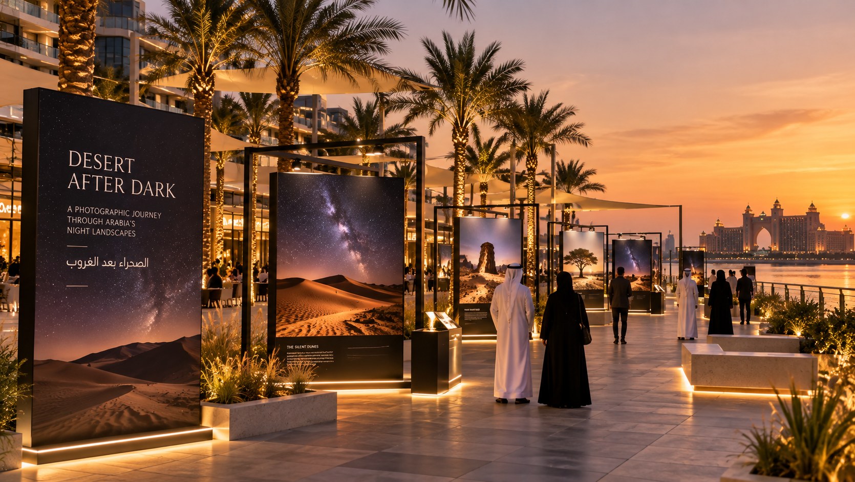 Desert After Dark touring exhibition installed as an illuminated open-air experience on a waterfront promenade in a Gulf destination
