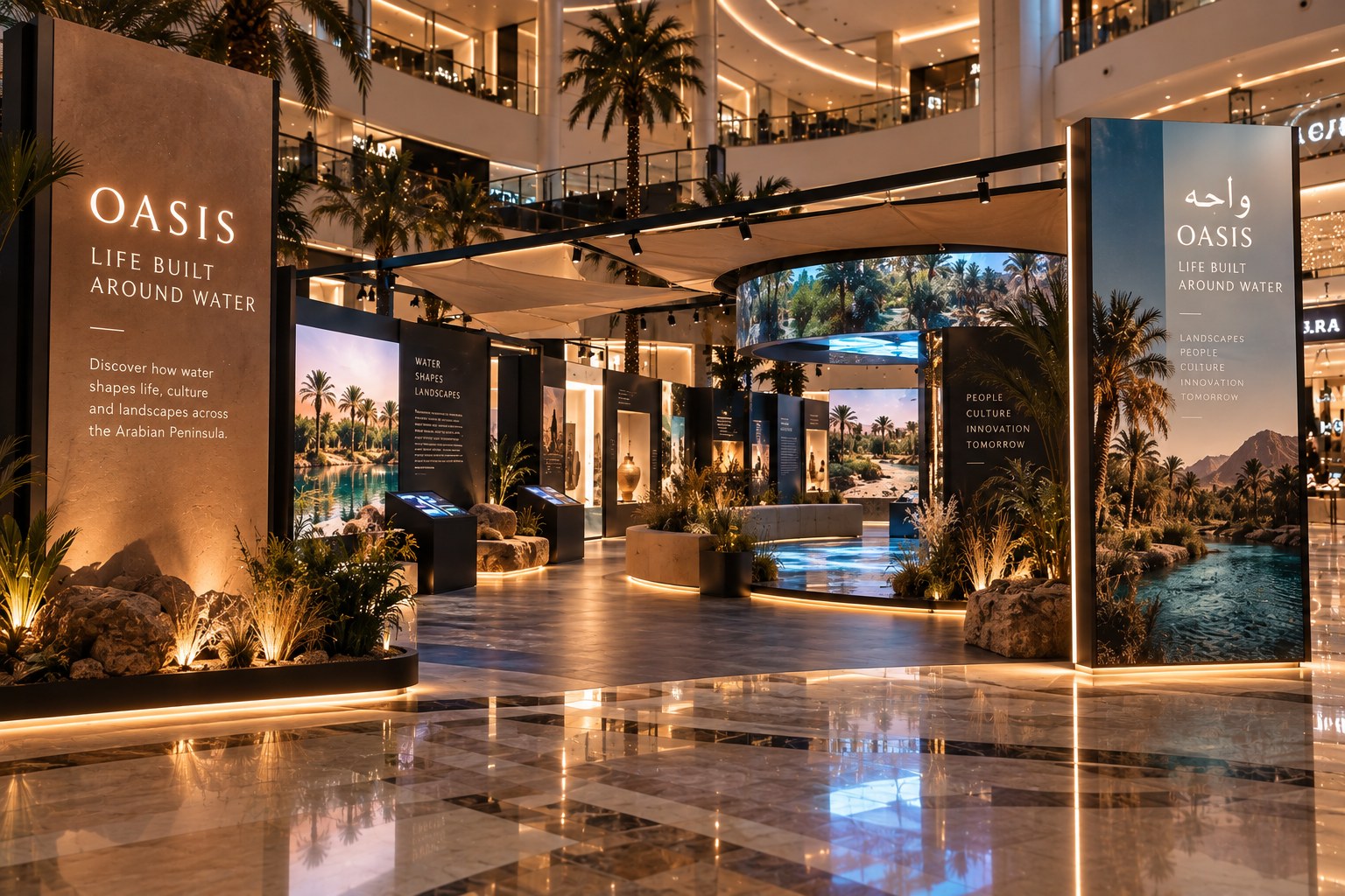 Concept visual of the Oasis: Life Built Around Water touring exhibition installed in a shopping mall, with branded entrance signage, palm trees, a water feature and oasis imagery panels