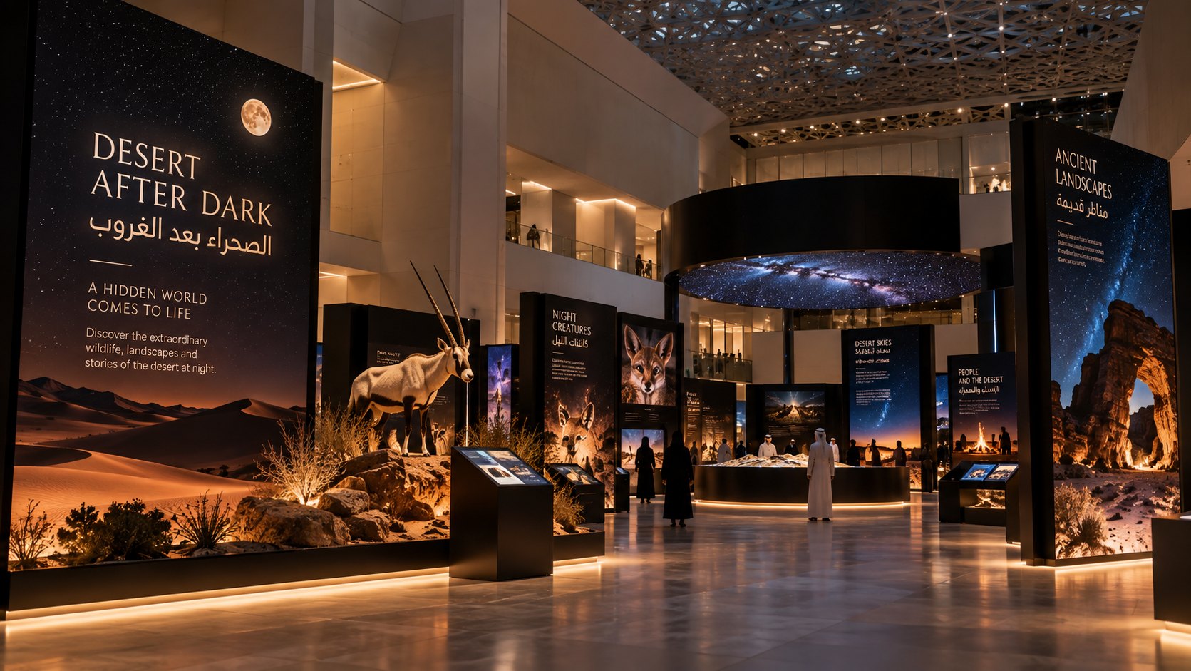 Desert After Dark exhibition installed across a contemporary museum interior in the GCC
