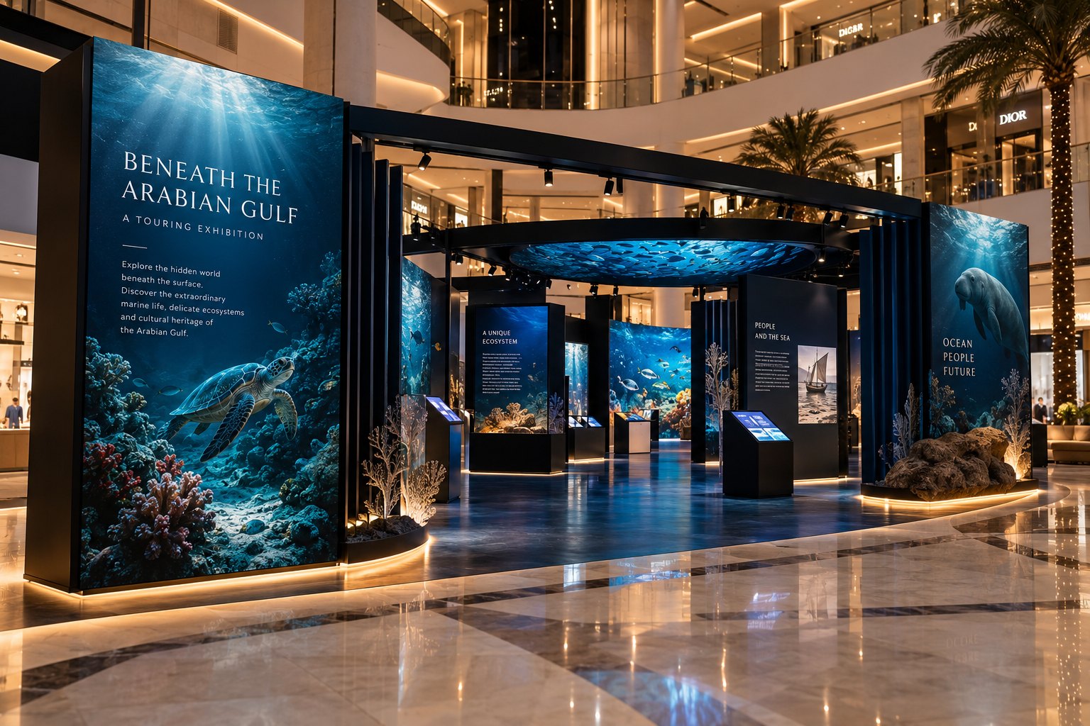 Concept visual of the Beneath the Arabian Gulf touring exhibition installed in a shopping mall, with curved dark panels of underwater imagery, coral and marine life photography