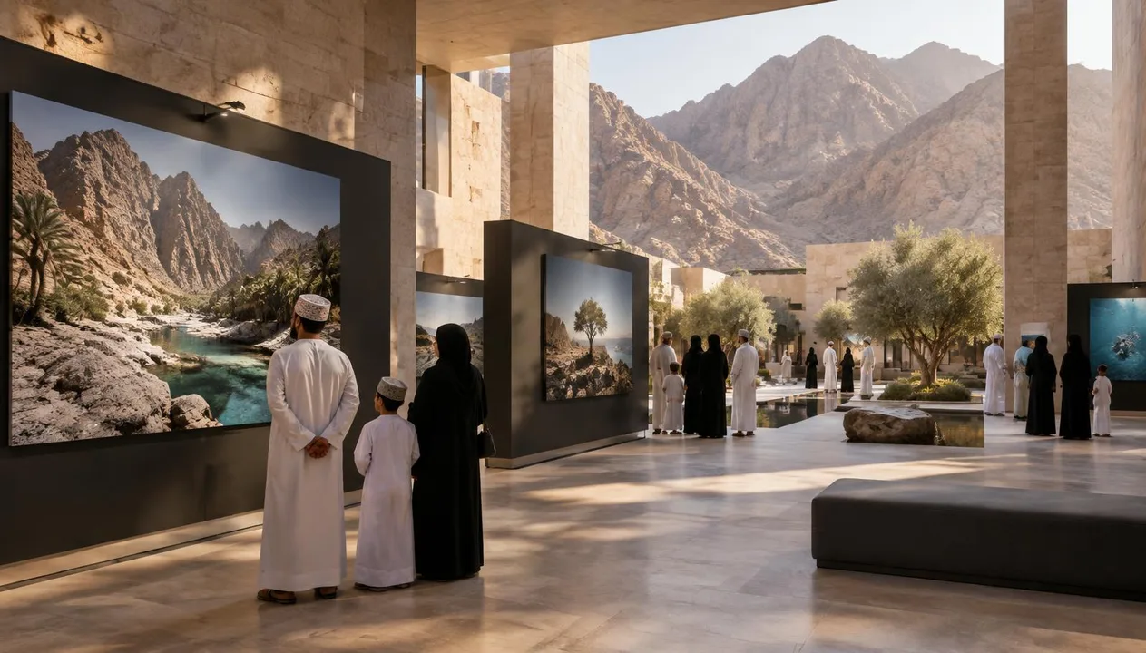 A family exploring a nature photography exhibition in a contemporary Muscat venue