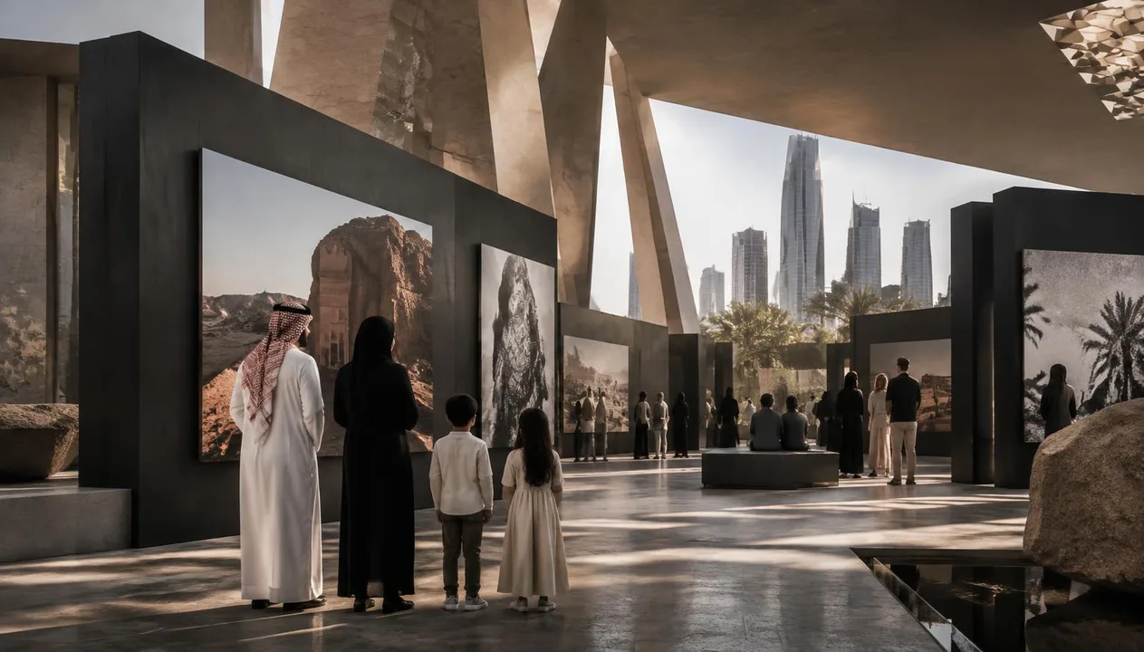 A family viewing a modular cultural exhibition in a contemporary Riyadh destination