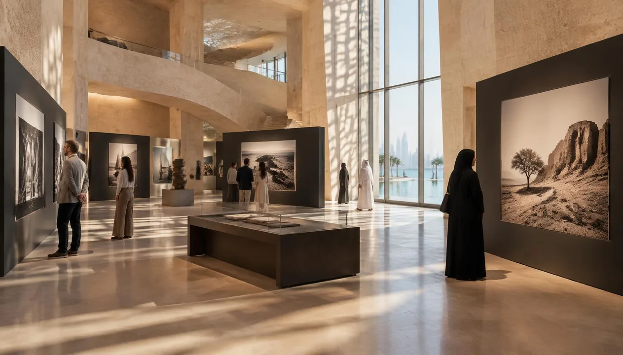 Visitors viewing a temporary photography exhibition in a contemporary Doha cultural venue