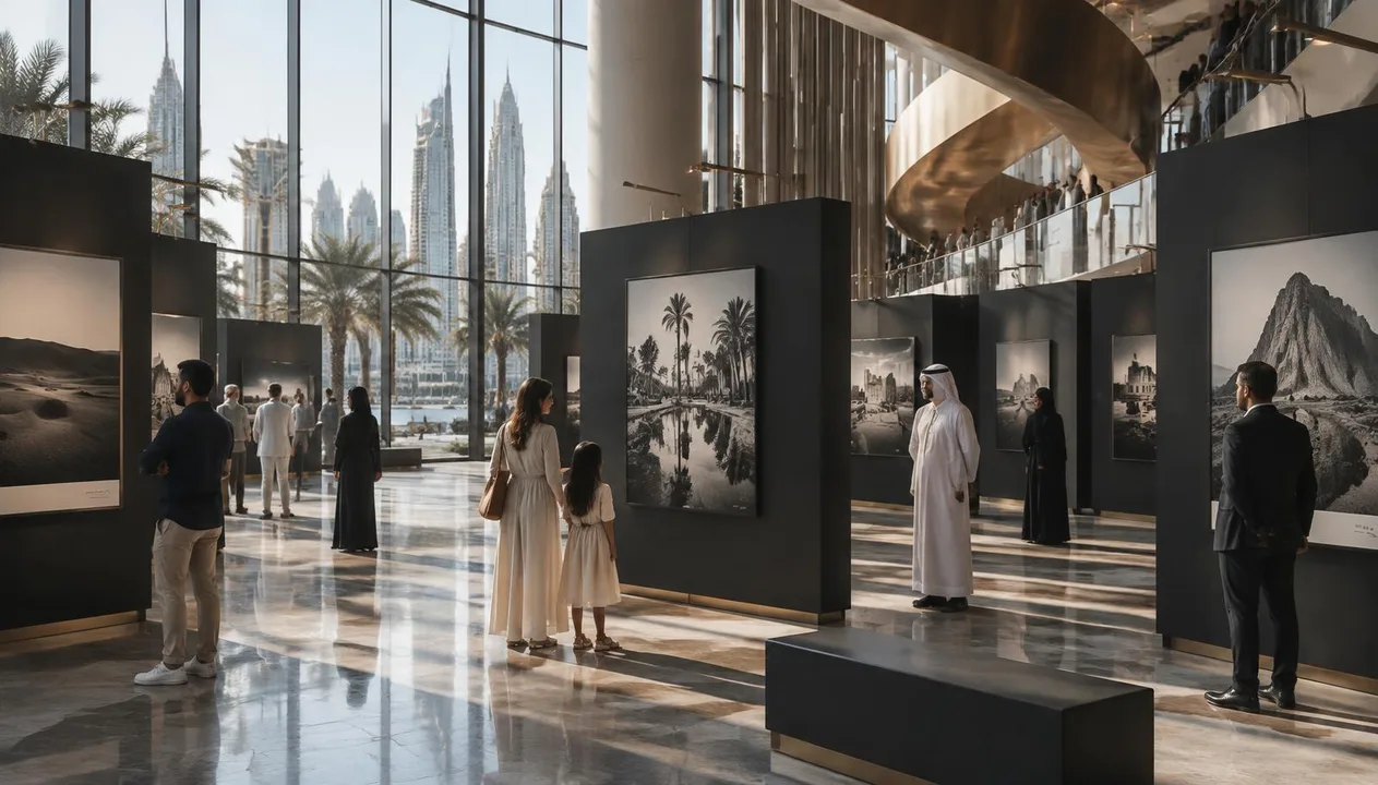 Visitors exploring a temporary photography exhibition in a contemporary UAE destination