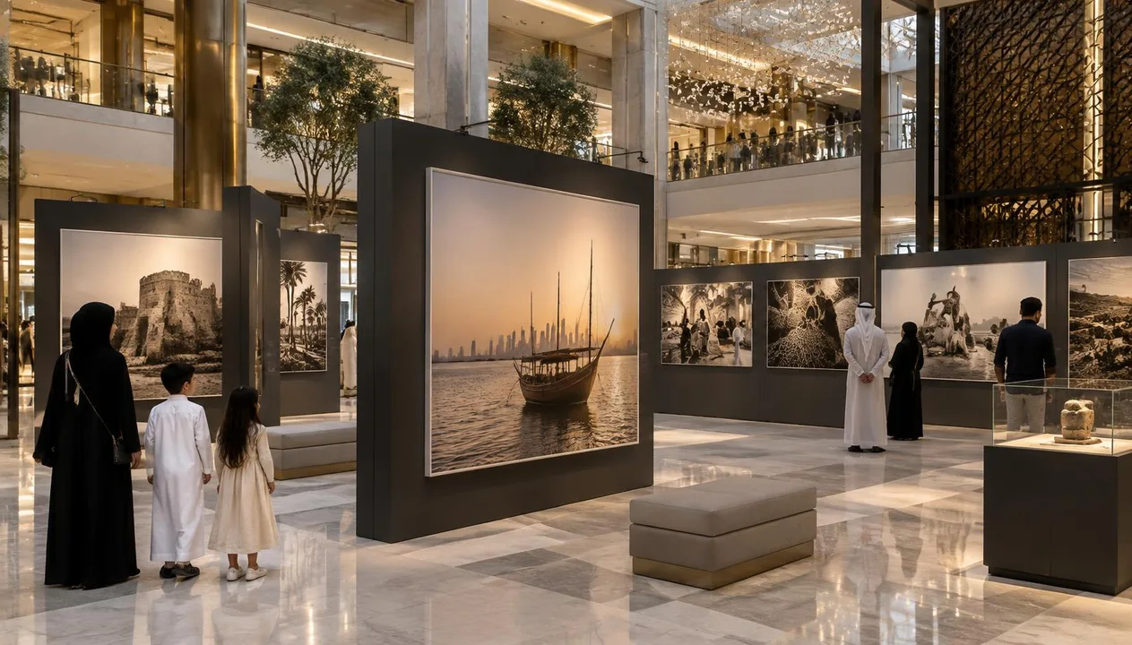 Families viewing a compact photography exhibition in a contemporary Manama destination